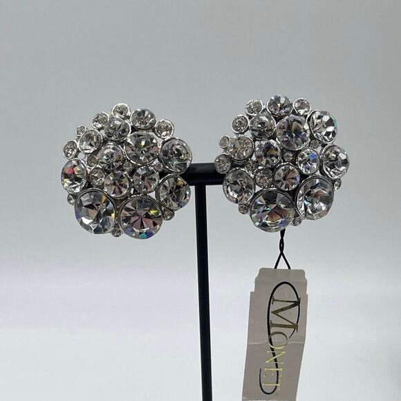 Monet Clear Rhinestone Cluster Domed Round Silver Tone Clip On Earrings new - Picture 2 of 11